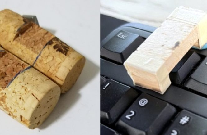 Photographs of two small hacks: a pot-lid-lifter made of two corks bolted together, and an F1-key-blocker to prevent unwanted Help popups